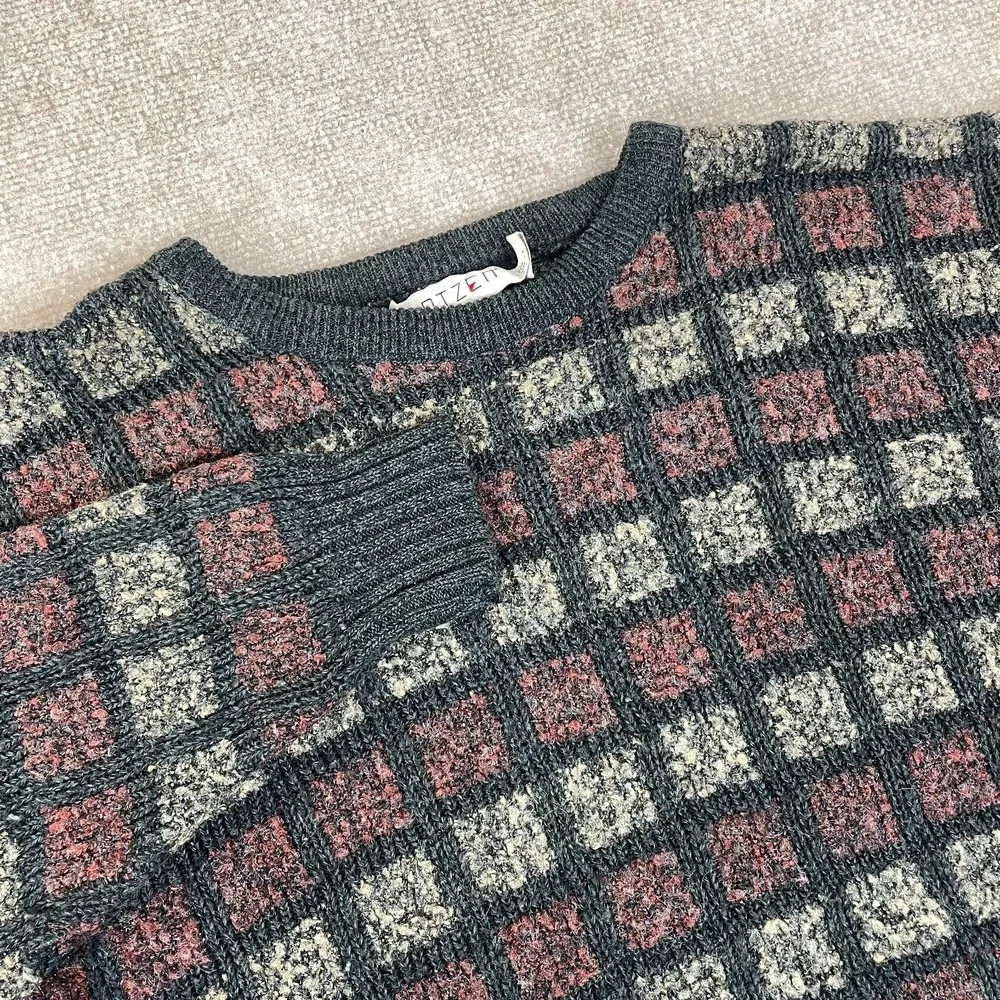 Vintage Jantzen Sweater Mens Large Multicolor Textured Plaid Tight Knit Ribbed